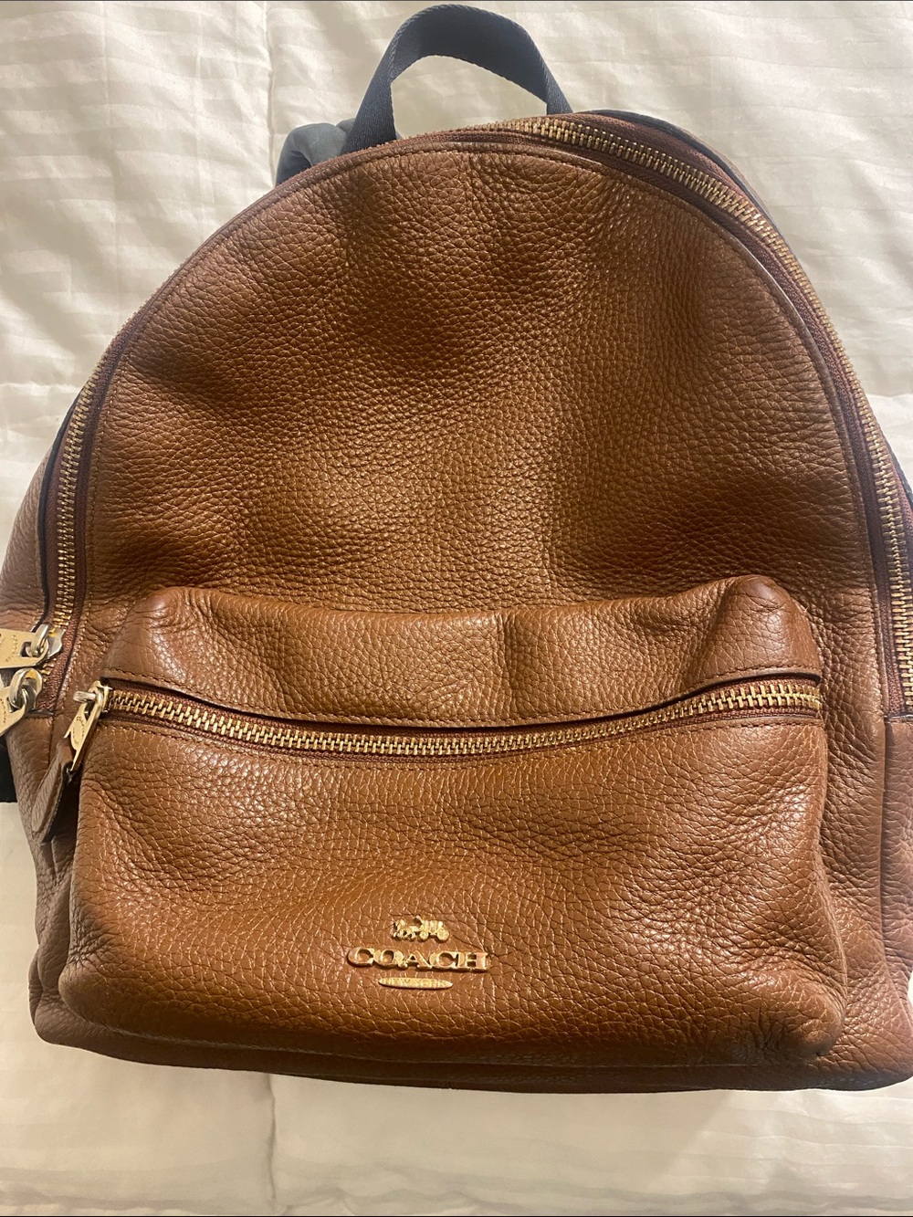 Coach Brown Pebbled Leather Unisex Backpack with Gold Hardware